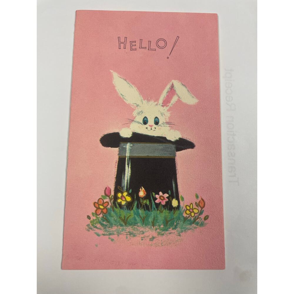 Vintage 1950s Bunny in Top Hat Greeting Card “Hello!” Pink Mid-Century – Unused